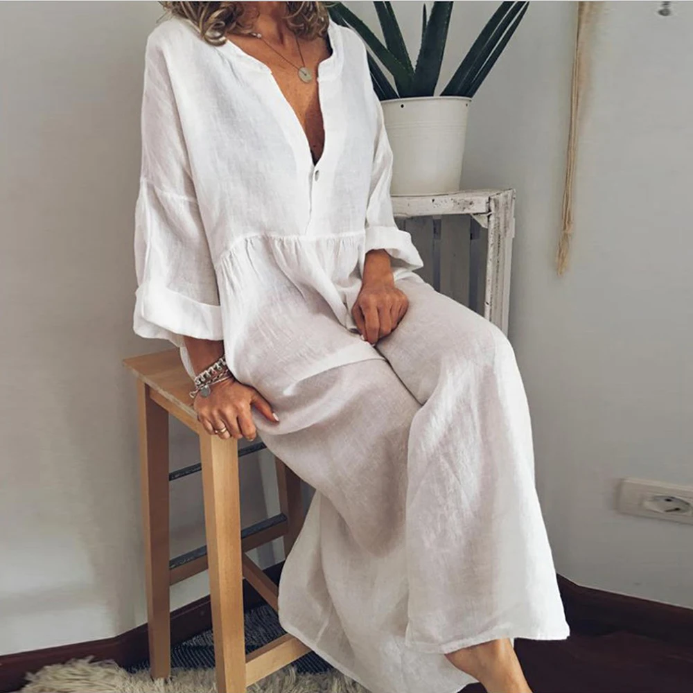 Cotton Linen Oversized Long Dress for Women Clothing 2023 Summer Plus Size Shirt Dress Female Large