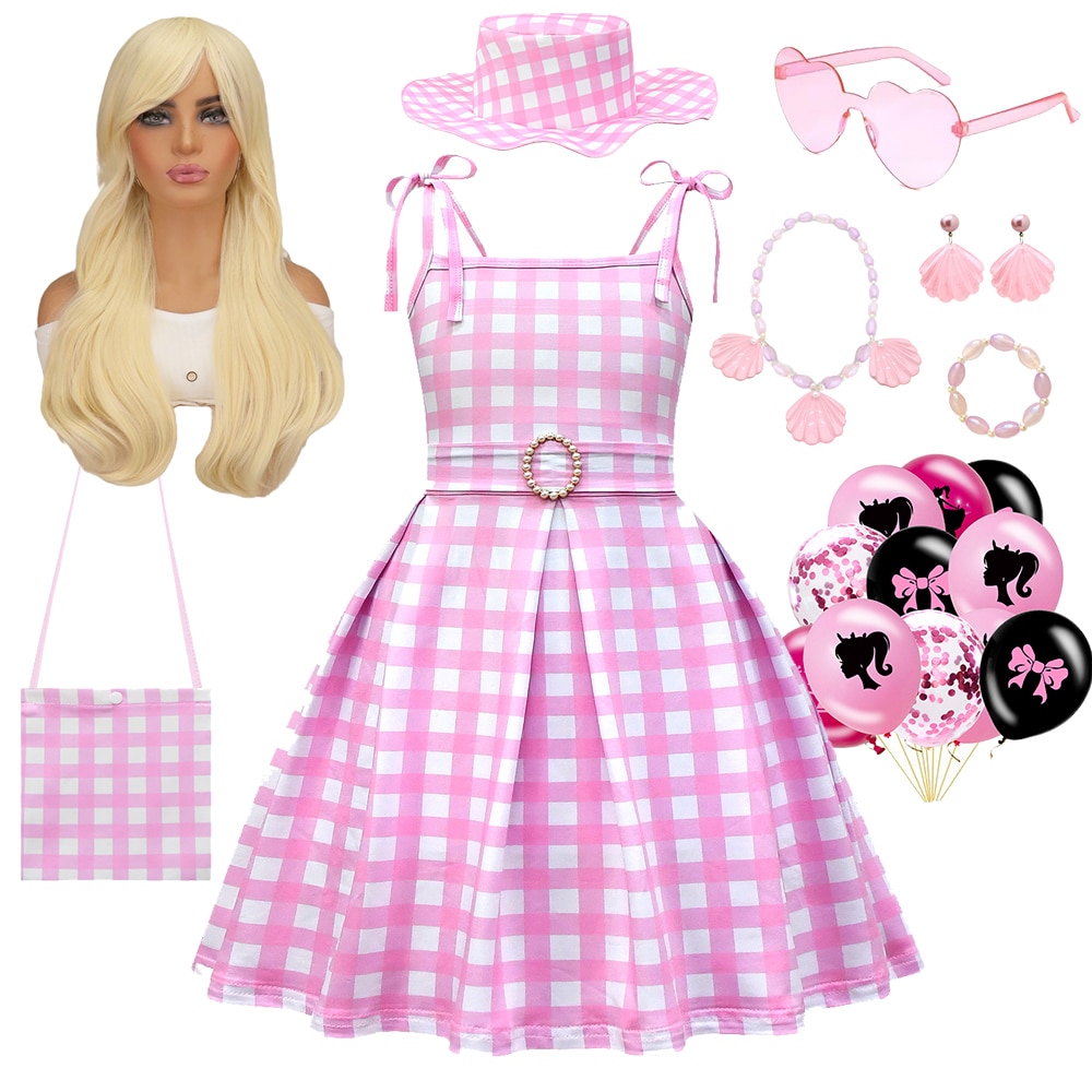 Pink Girls Cosplay Costume Pink Party Plaid Skirt Dresses For Children Cosplay Pink Girls Clothers For Kids Halloween Costumes