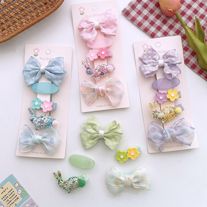 5pcs Sweet Cute Handmade Fabric Bow Kid Headwear Flower Rabbit Hairpin Set Baby Hair Accessories for Girl Baby
