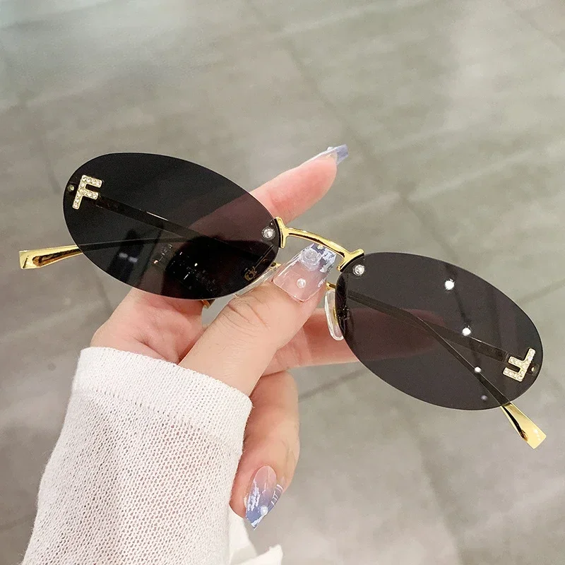 Cat Eye Sun Glasses Female Outdoor Shopping Shades Rimless Driving Eyewear Glasses Retro Letter Oval