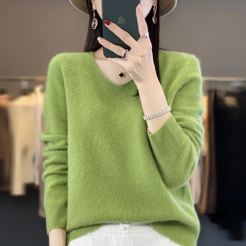 New 100% Merino pure wool sweater in autumn and winter women's V-neck knitted long-sleeved solid