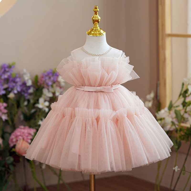 Formal Elegant Dresses For Baby Girls 1st Birthday Princess Dress Party Ball Gown Kids Clothing Flower Children Pink Vestidos