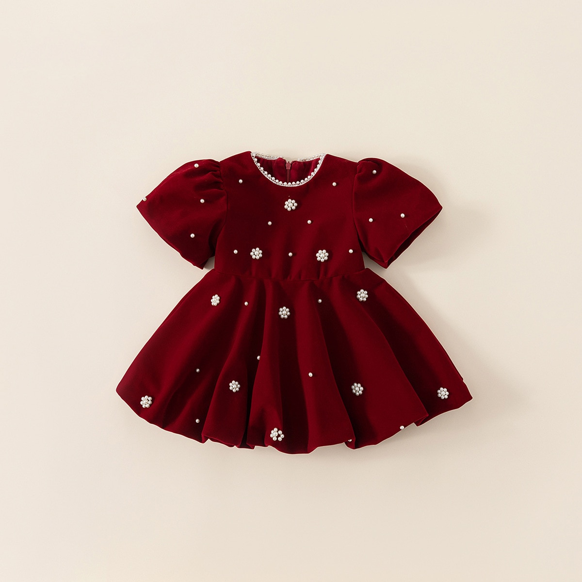 Cute Velvet Red Dress for Kids Girls Beading O-neck Floral Pattern Puff Sleeve Princess Vestido 1-8Y Child Christmas Party Dress