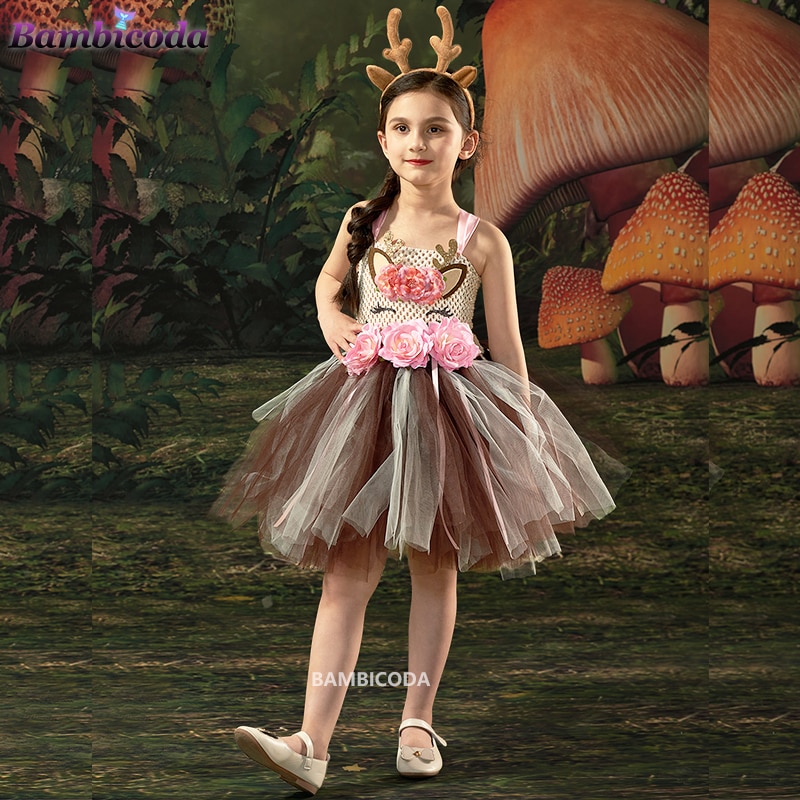 Deer Costume for Girls Reindeer Elk Cosplay Fancy Dress Up Kids Girl Birthday Party Clothes Halloween Christmas Deer Tutu Dress