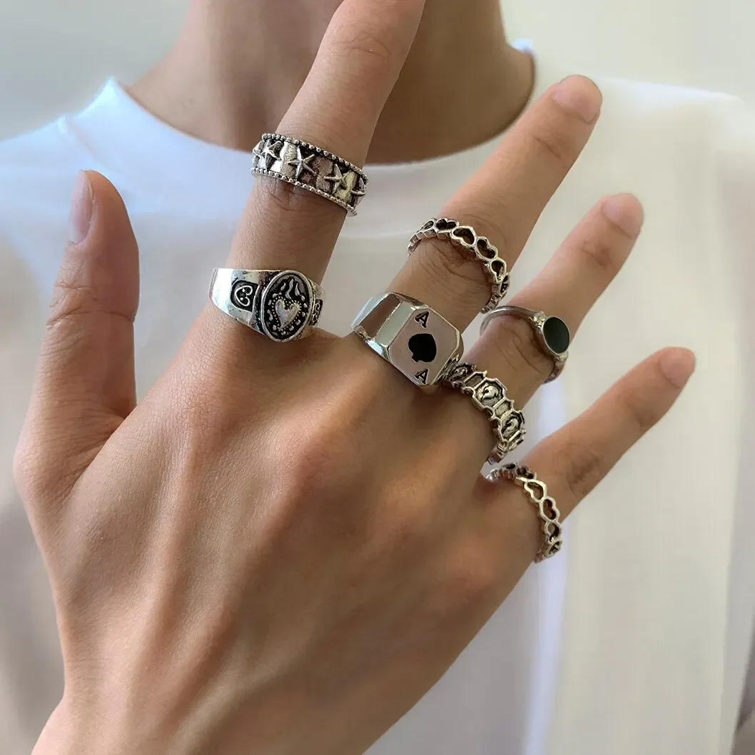 7Pcs/Set Goth Carved Heart Poker Antique Silver Color Rings for Men Vintage Geometric Knuckle Street