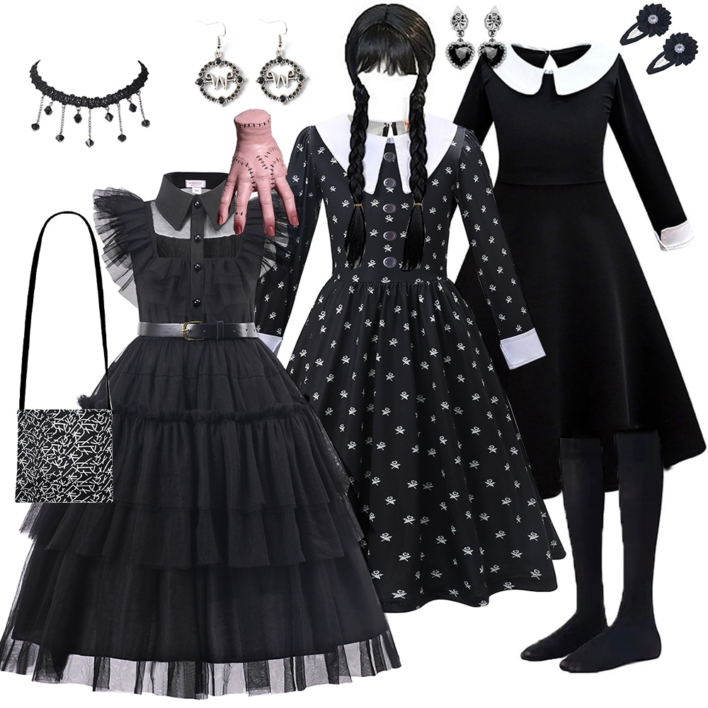 Halloween Wednesdy Merlina Adams Girl Costume For Kids Girl Fancy Carnival Party Tulle Dress Gothic