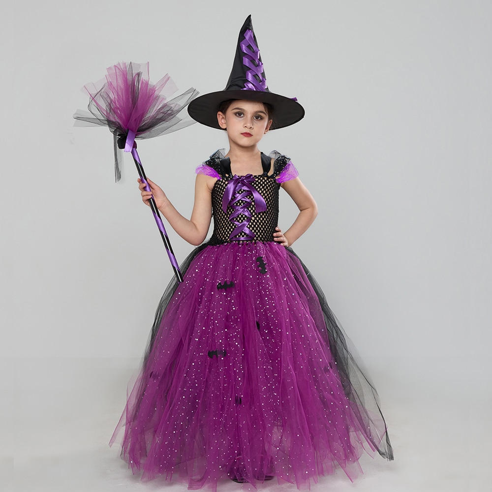 Fairytale Sparkly Bat Witch Halloween Costume Girls Vampire Tutu Dress with Broom Hat Kids Role Play Cosplay Party Fancy Dress