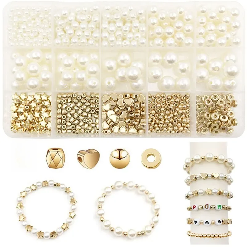 720pcs/Box Golden Star Heart Round CCB Spacer Beads with ABS Imitation Pearls Set for DIY Fashion