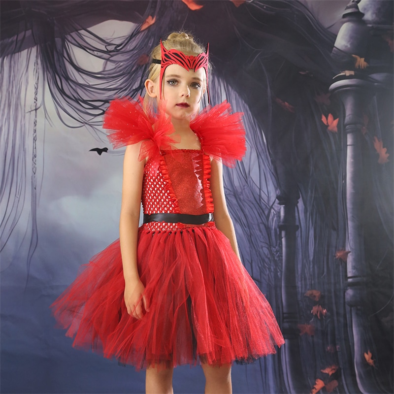 2023 Halloween Red Witch Costumes For Kids Horror Ghost Masquerade Cosplay Fancy Dress Up Carnival Party Girls Tutu Dress 2-12Y