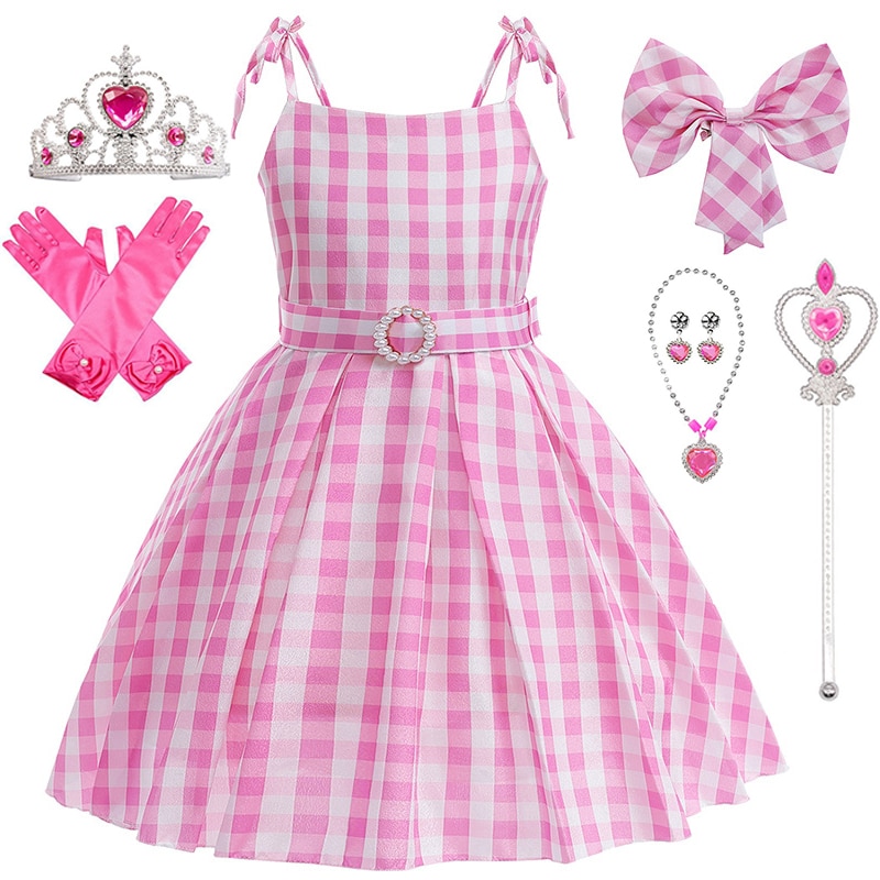 2023 Movie Barbie Costume For Kids Girls Pink Plaid Princess Dress Cosplay Fancy Dress Up Beach Halloween Carnival Party Costume