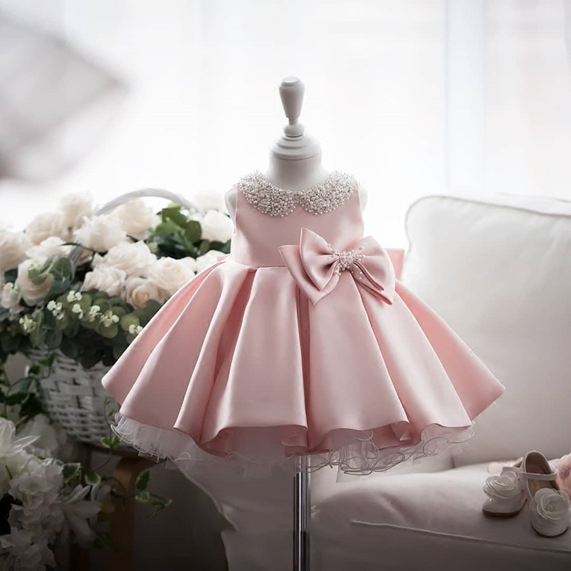 Girls' Classic Temperament White Dress Summer Bow Beaded Baby Princess Dress Girl's First Birthday Host Dress