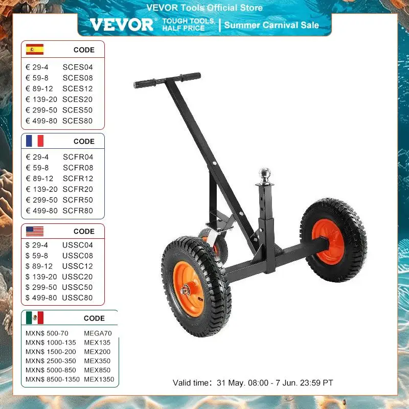 VEVOR 1000lbs Tongue Adjustable Trailer Dolly Carbon Steel Trailer Mover Universal Wheel Parts for