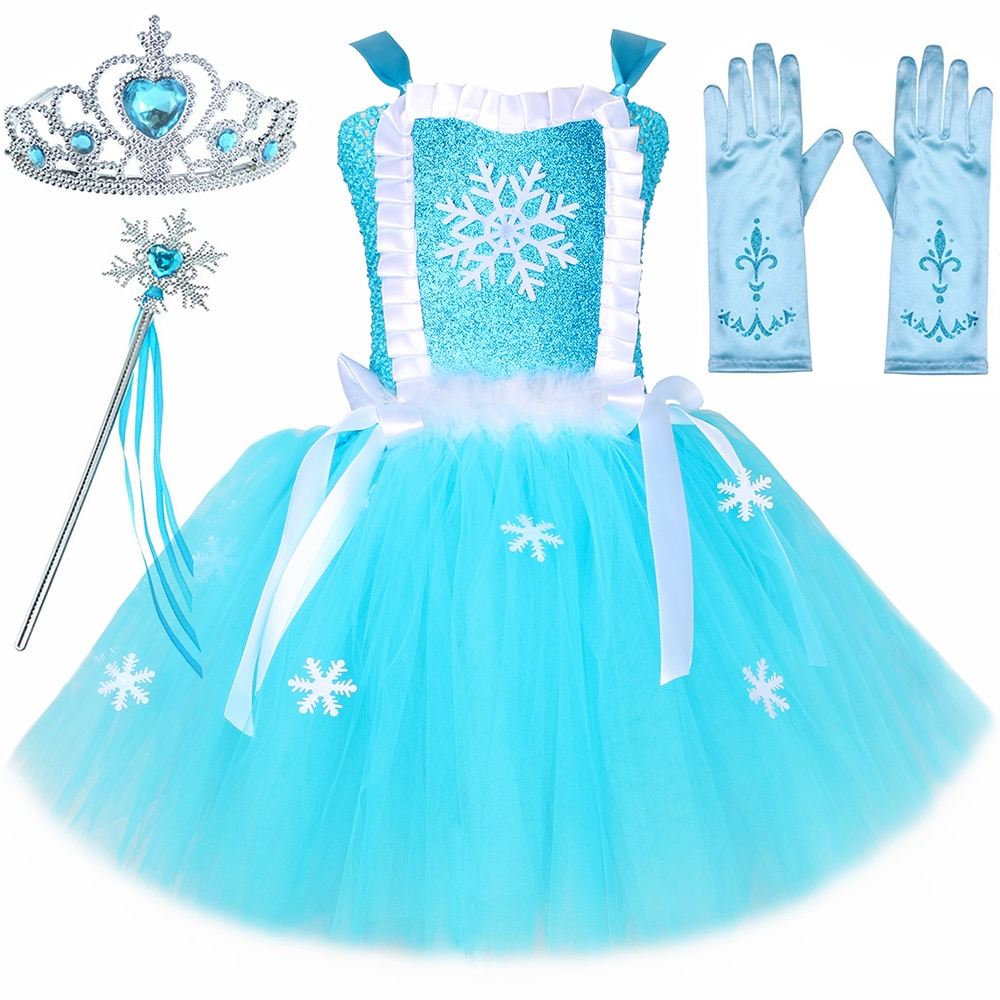 Elsa Tutu Princess Dress for Girls Birthday Party Dresses Cartoon Snow Queen Cosplay Halloween Costume for Kids Fancy Clothes