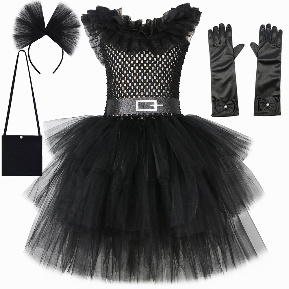 Girls Black Wednesday Tutu Dress 3 Layers Children Tulle Princess Dress Addams Cospaly Halloween Costume for Kids Fancy Clothes