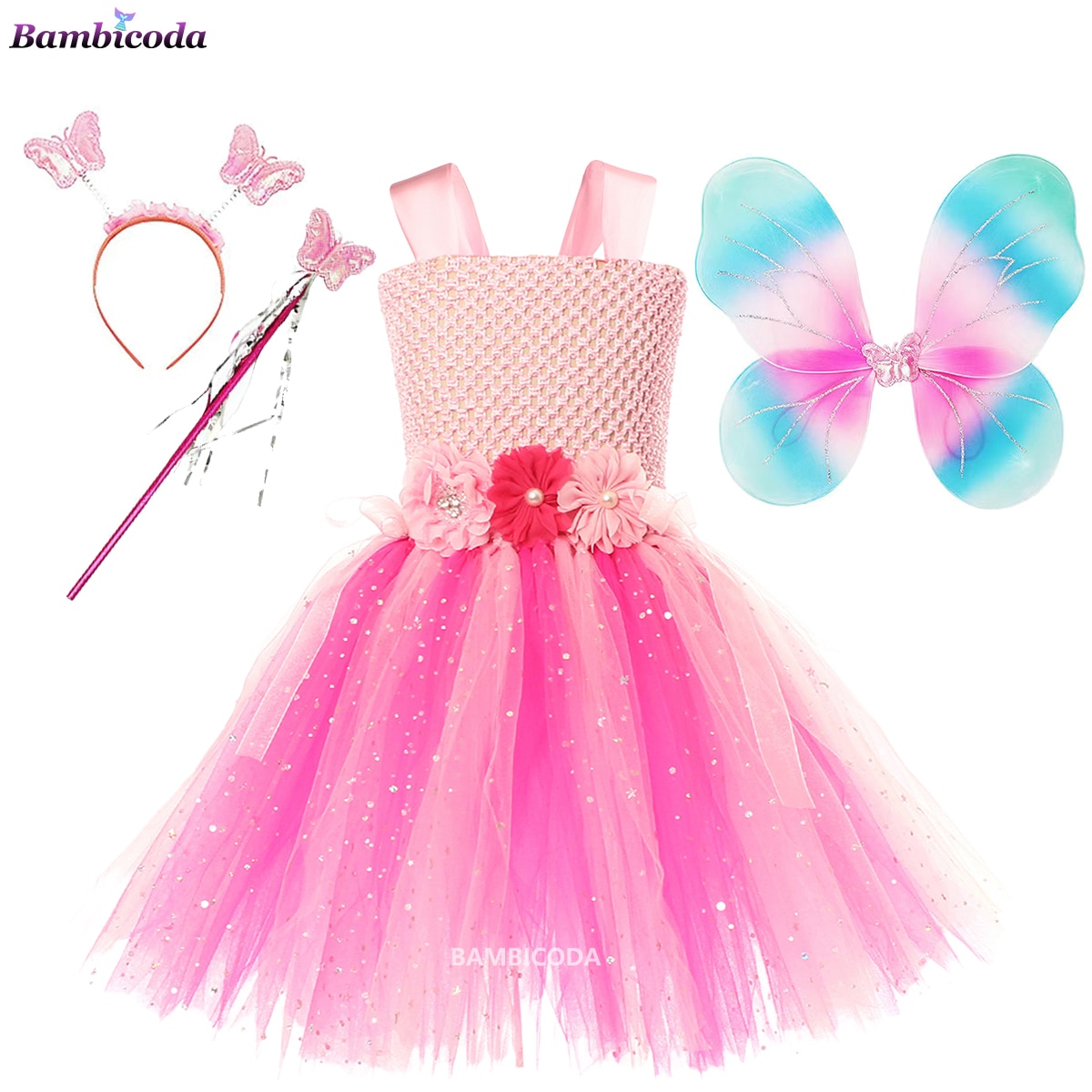 Girls Pink Butterfly Fairy Dress Baby Glitter Tulle Tutus Flower Dress Wing Hairbow Kids Party Costume Sequin Halloween Dresses