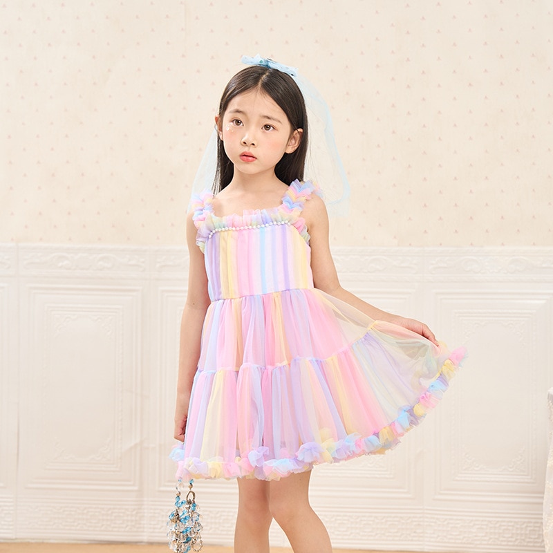 Girls Rainbow Sling Dress 2023 Summer New Baby Girl Birthday Princess Dress Mesh Fluffy Dress