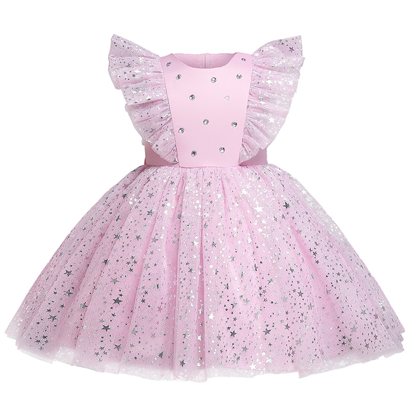 2023 New Barbi Pink Girls Dress Elegant Princess Sequined Puffy Party Gown Flower Girl Dresses for Wedding Barbi Pink Dress