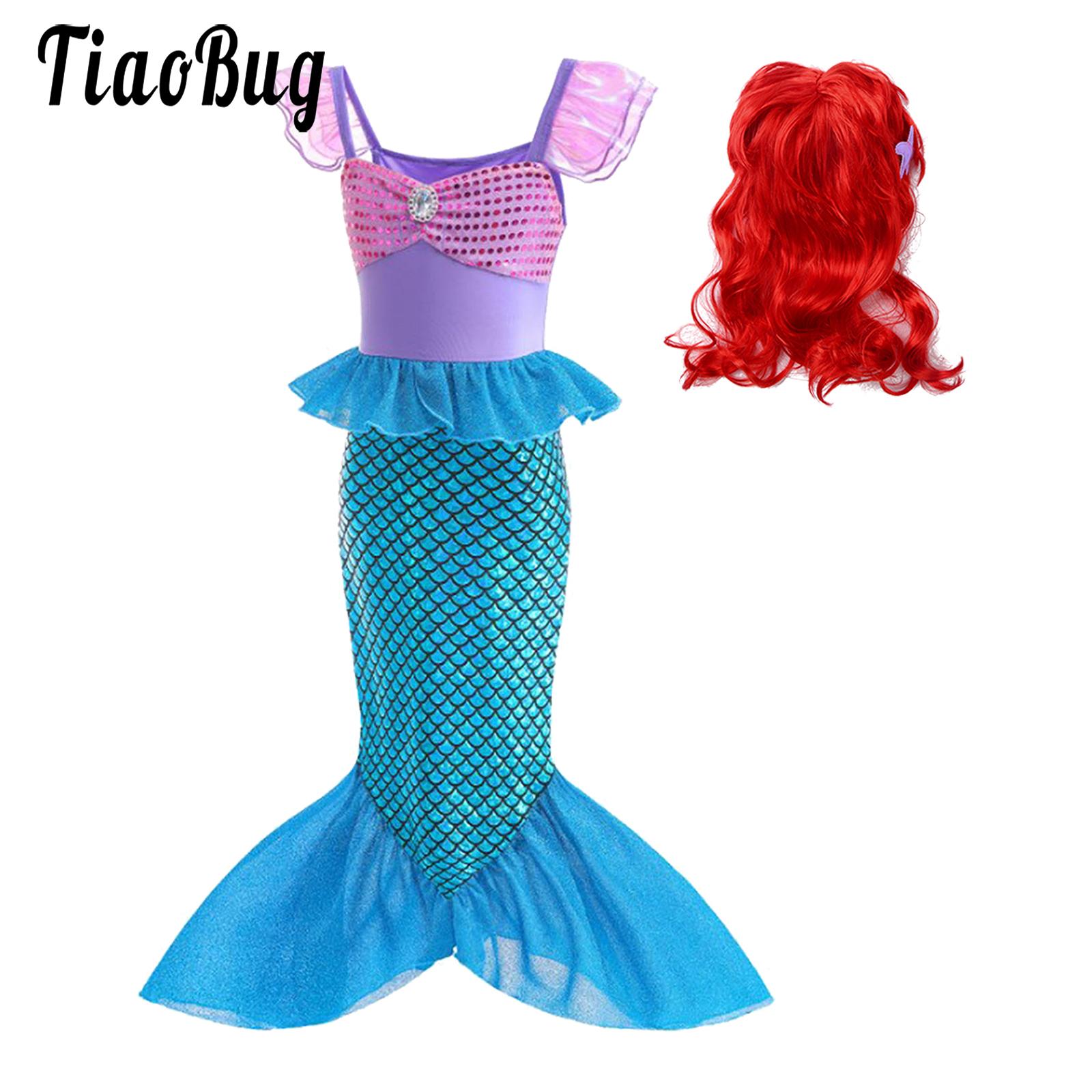 Mermaid Princess Costume for Little Girls Fish Scales Printed Fishtail Dress with Starfish Wig Halloween Christmas Cosplay Suits