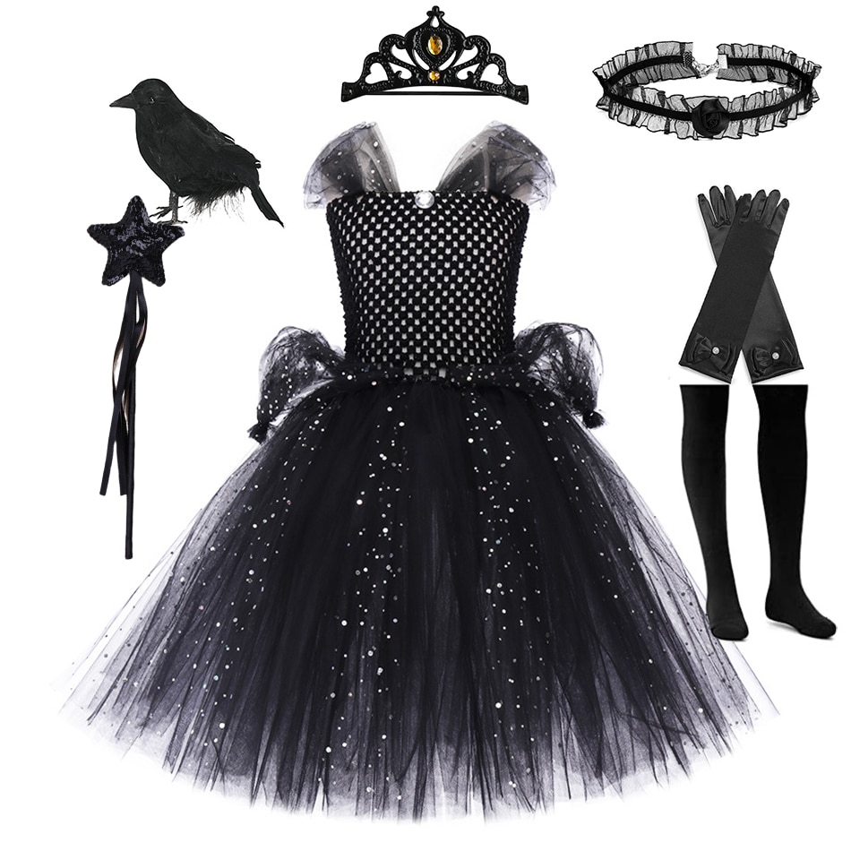 Toddler Elegant Black Dress Girls Princess Knitted Dress Witch Cosplay Gown Party 2023 Halloween Costume with Crown Maleficent