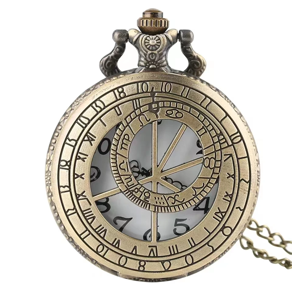 Zodiac Compass hollow out Pattern Bronze Retro Quartz Pocket Watches Men Women Necklace Watch