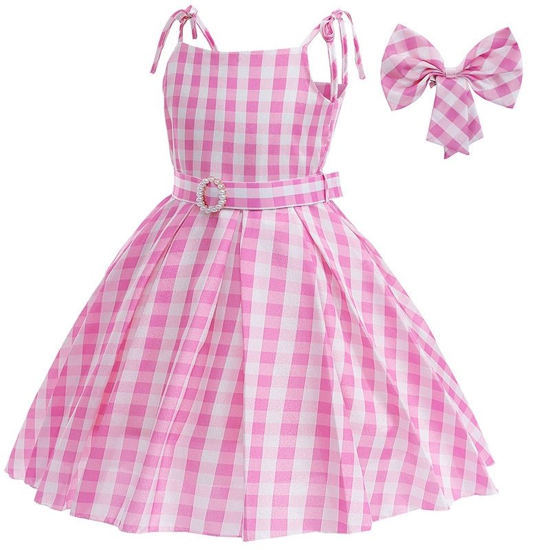2023 Girls Movie Pink Dress Kids Cosplay Costume Halloween Plaid Dress Up Carnival Party Gown Sweet Dresses Vestido 3-10 Years