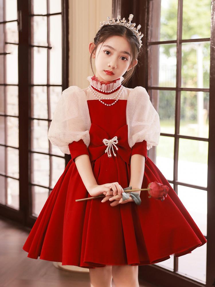2023 Vintage Party Dress for Baby Girls Kids Princess Beading Red Ball Gown Infant Elegant Hostess Costume Children Gala Dresses