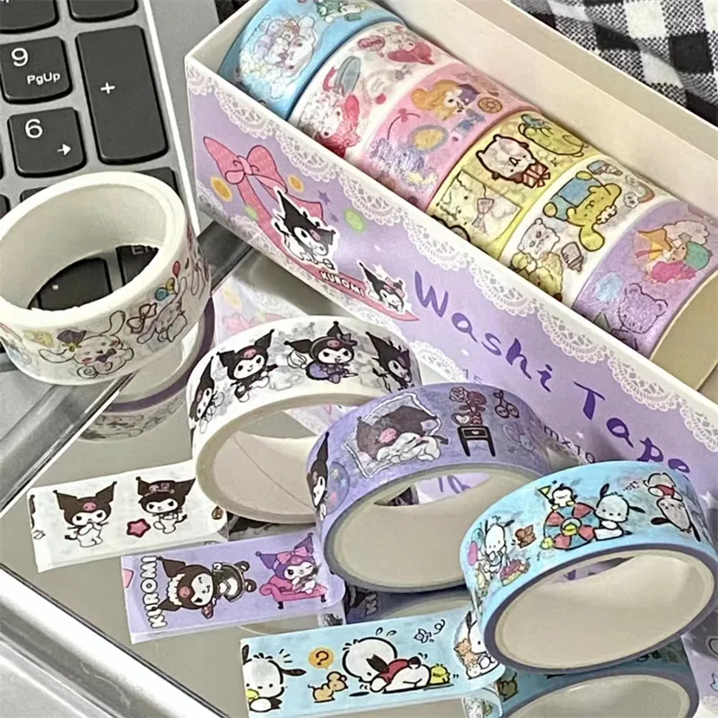 10Roll/Box Sanrio Kuromi Melody Cinnamoroll Guka Handbook Stickers Kawaii Pompompurin Pochacco Hand