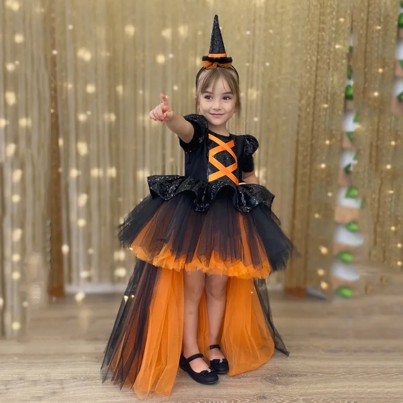 Black Sequin Girls Halloween Dress Fluffy Trailing Princess Party Dresses For Girl Children Costume Kids Wedding Evening Vestido