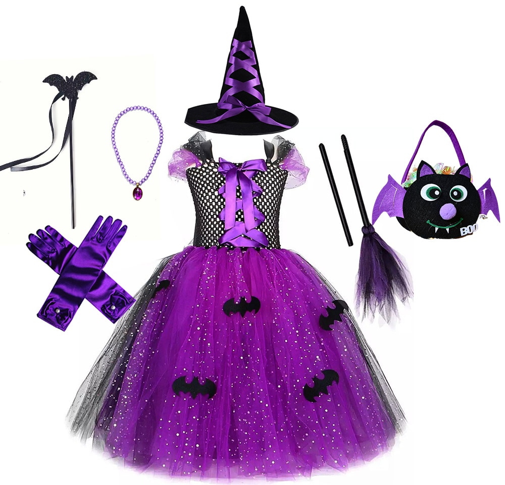 Masquerad Witch Halloween Costumes for Girls Purple Black Bat Long Tutu Dress for Kids Carnival Cosplay Outfit with Broom Hat