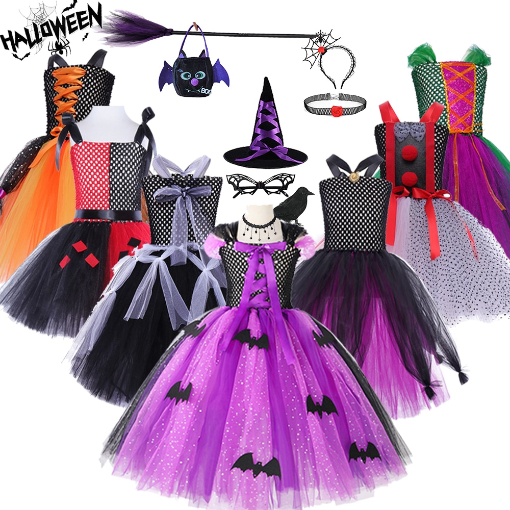 Halloween Costumes Dresses For Girl Bat Sorcerer Witch Skirt Carnival Easter Party Cosplay Halloween Children's Clothes 2-1