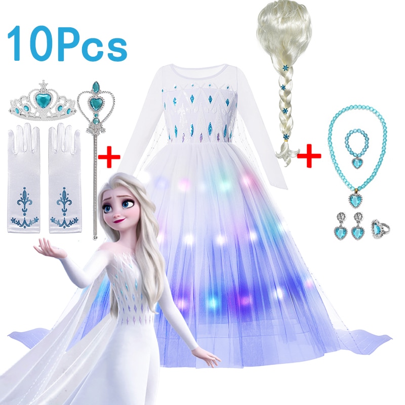 Disney Girls Princess Frozen Elsa Costume Cosplay Kids Snow Queen For Halloween Party Dresses with LED Lights Vestidos 2-10 Yrs