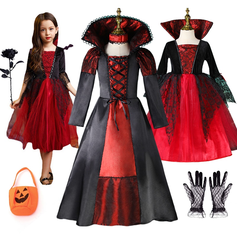 Halloween Ghost Bride Girls Long Dress with Lace Bandage Tulle Kid Corpse Ghost Costume for Purim Carnival Party Dress Black Red
