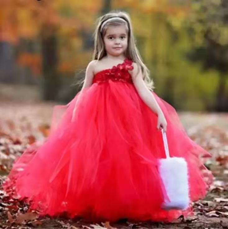 2021 Girls Flower Tutu Dress Kids Crochet Tulle Dress Ball Gown with Strap and Headband Children Birthday Party Costume Dress