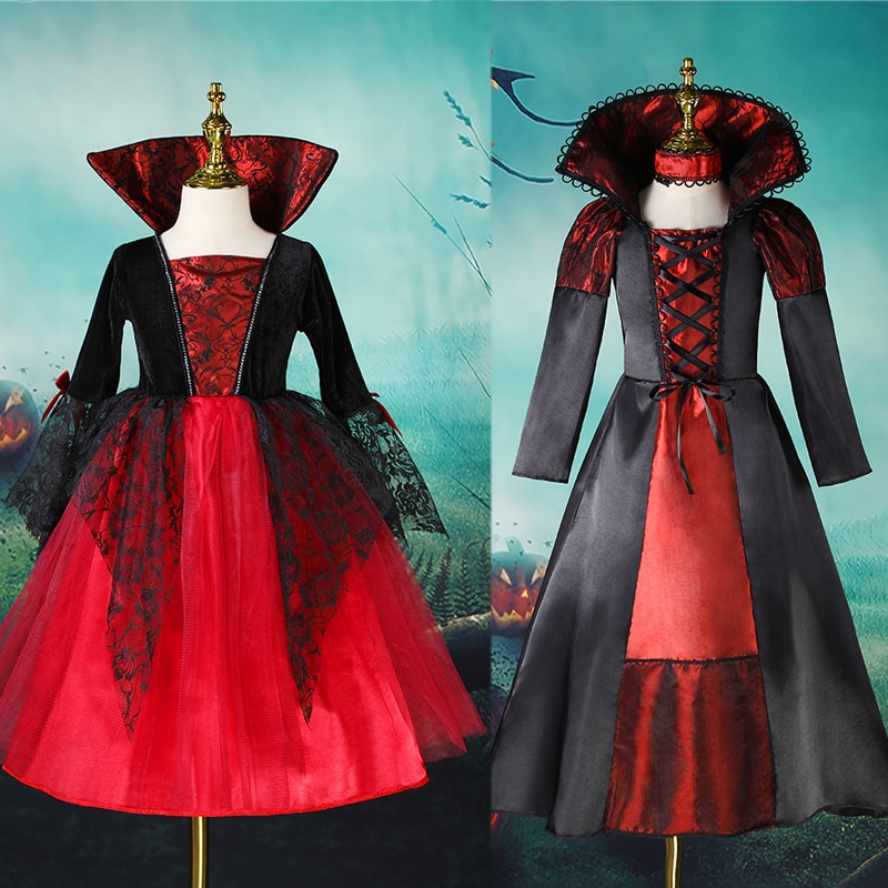 Halloween Ghost Bride Costume Kids Girl Dress Cosplay Black Lace Mesh Princess Dresses Carnival Children Dress Up Party Clothes