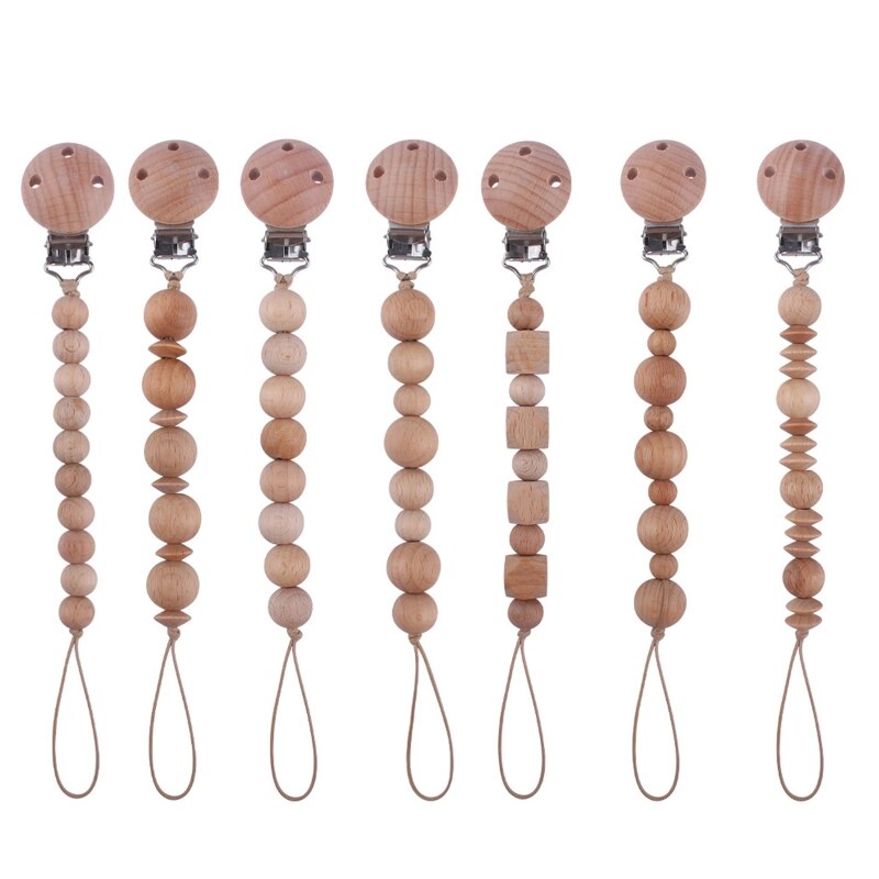 Newborn Pacifier Clip Chain Beech Wooden Beads DIY Nipple Soother Holder Baby Teething Chewing Chain Clip
