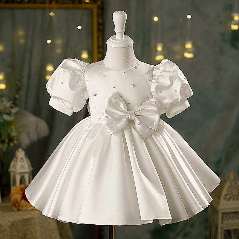 White Stain Children's christening Princess Evening Gown Puff Sleeve Birthday Baptism Party Easter Eid Dresses For Girls Co