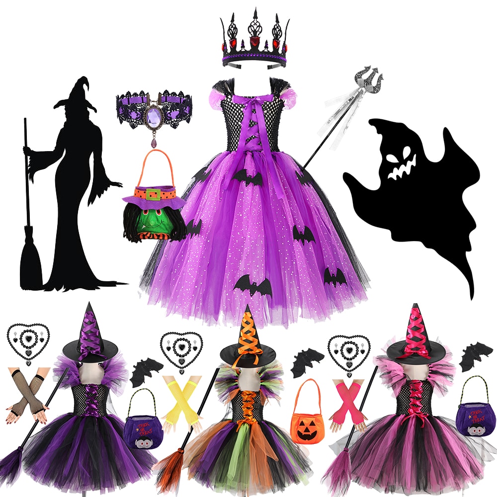 Girls Halloween Cosplay Witch Costume Children Carnival Vestidos Party Infant Witch Fancy Dress Clothing Set Bag Hat Broom