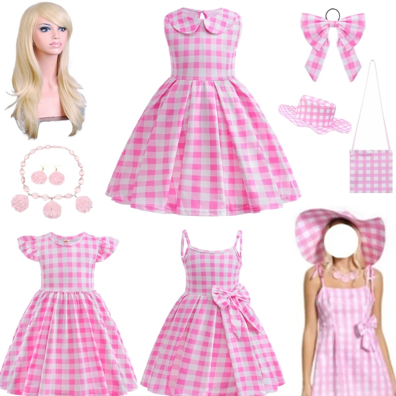 2023 Movie Uniform Costume for Baby Girls Pink Plaid Dress Cosplay Clothes Princess Halloween Carnival Party Costume