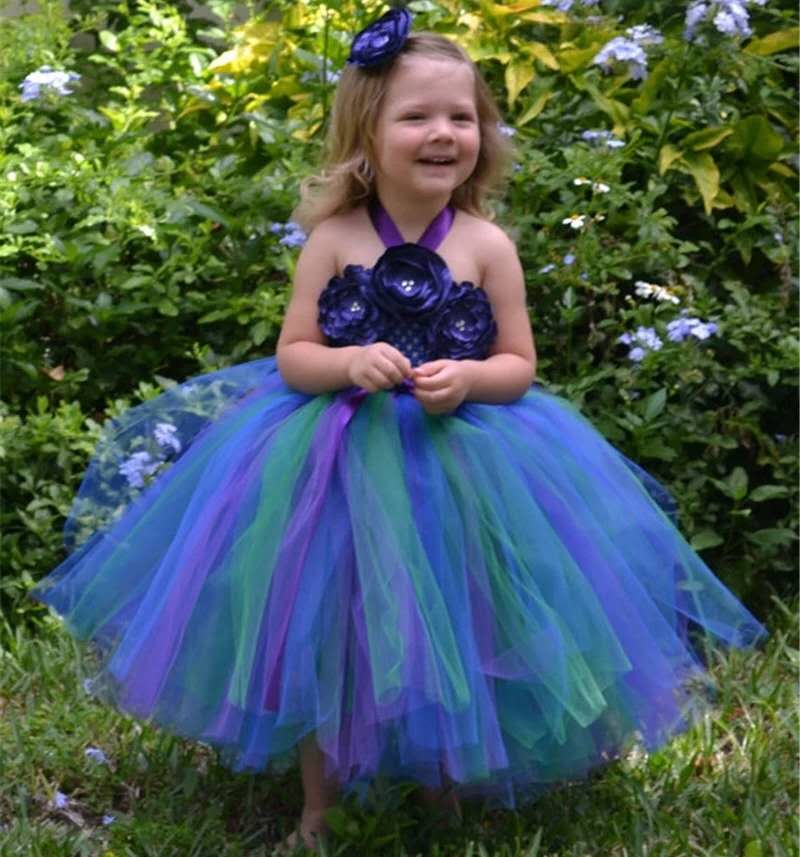 Beautiful Girls Peacock Long Tutu Dress Baby Tulle Dress Ball Gown With Flower Headband Kids Wedding Party Dress Cosplay Costume