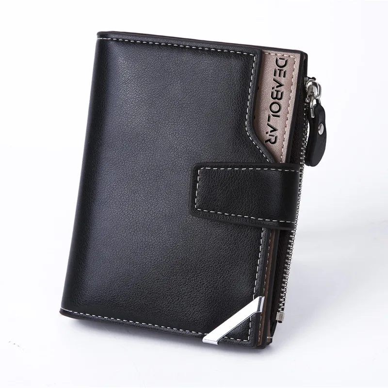Vintage Men's Zipper Three-fold Leather Wallet Multi Function Button Purse with Multiple Card Slots