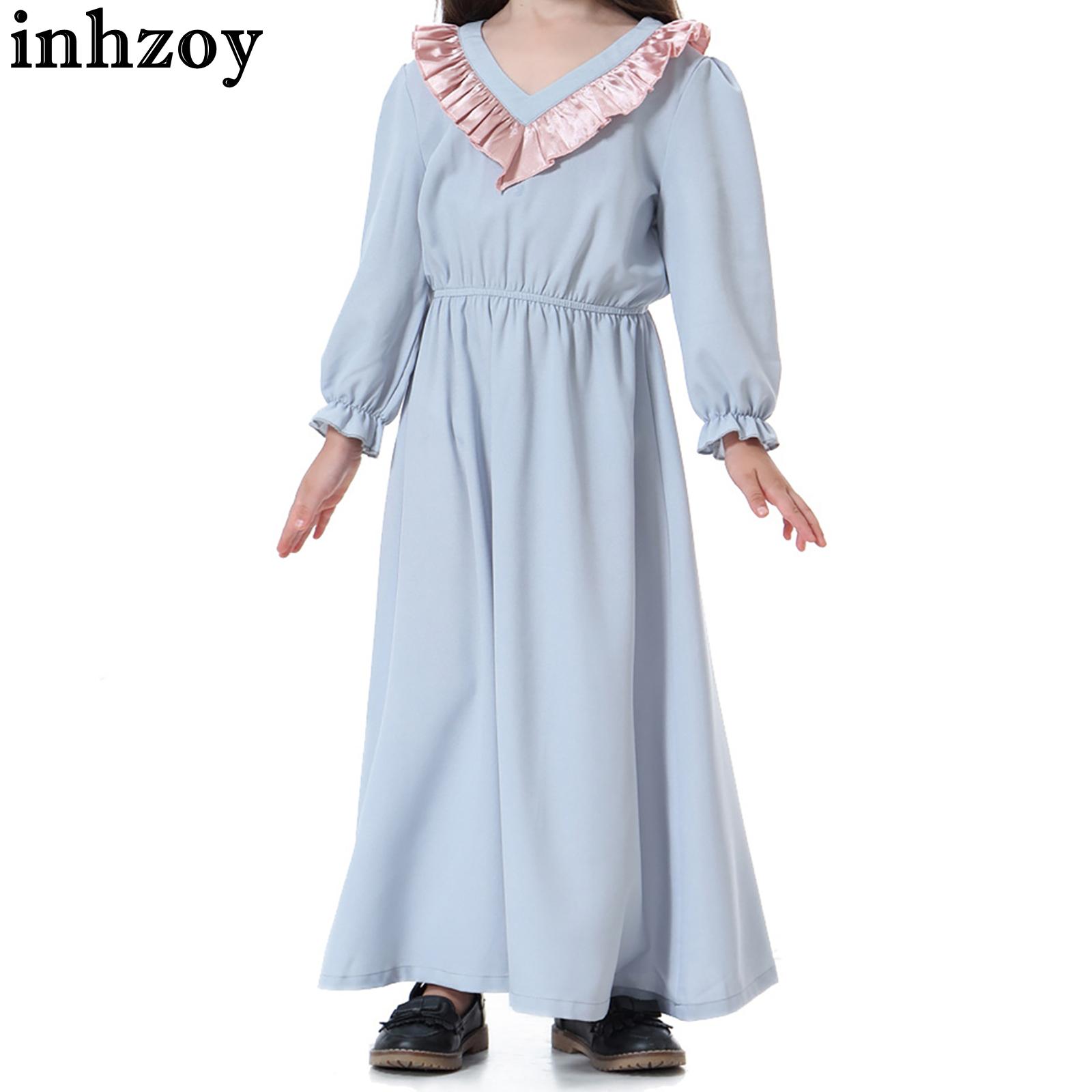 Big Girls Muslim Islamic Maxi Dress Lapel Doll Collar Long Sleeve Color Block Patchwork Long Dress Prayer Clothes Party Outfit
