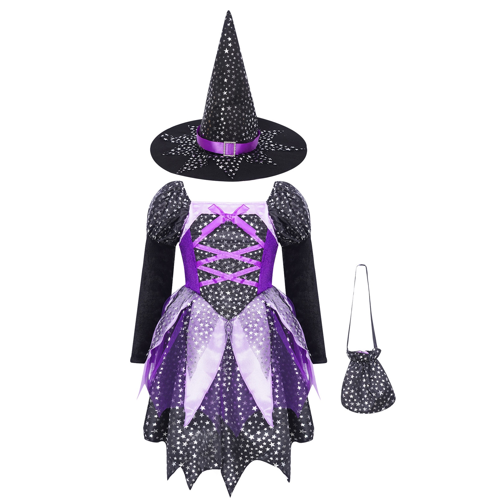 Kids Girls Halloween Witch Sorceress Costume Shiny Star Print Dress with Candy Bag Pointed Hat Masquerade Carnival Party Cosplay