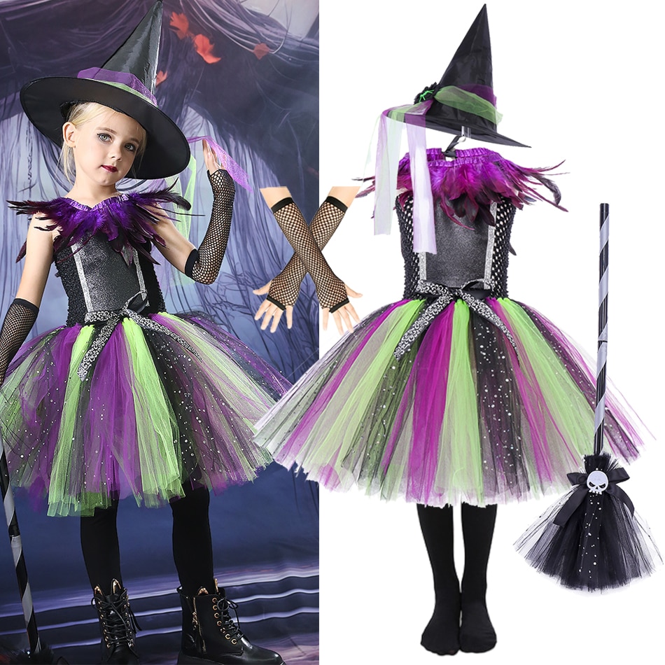 Witch Kids Halloween Cosplay Tutu Fancy Dress Costume For 2-12 Years Girls Carnival Vestidos Party Clothing
