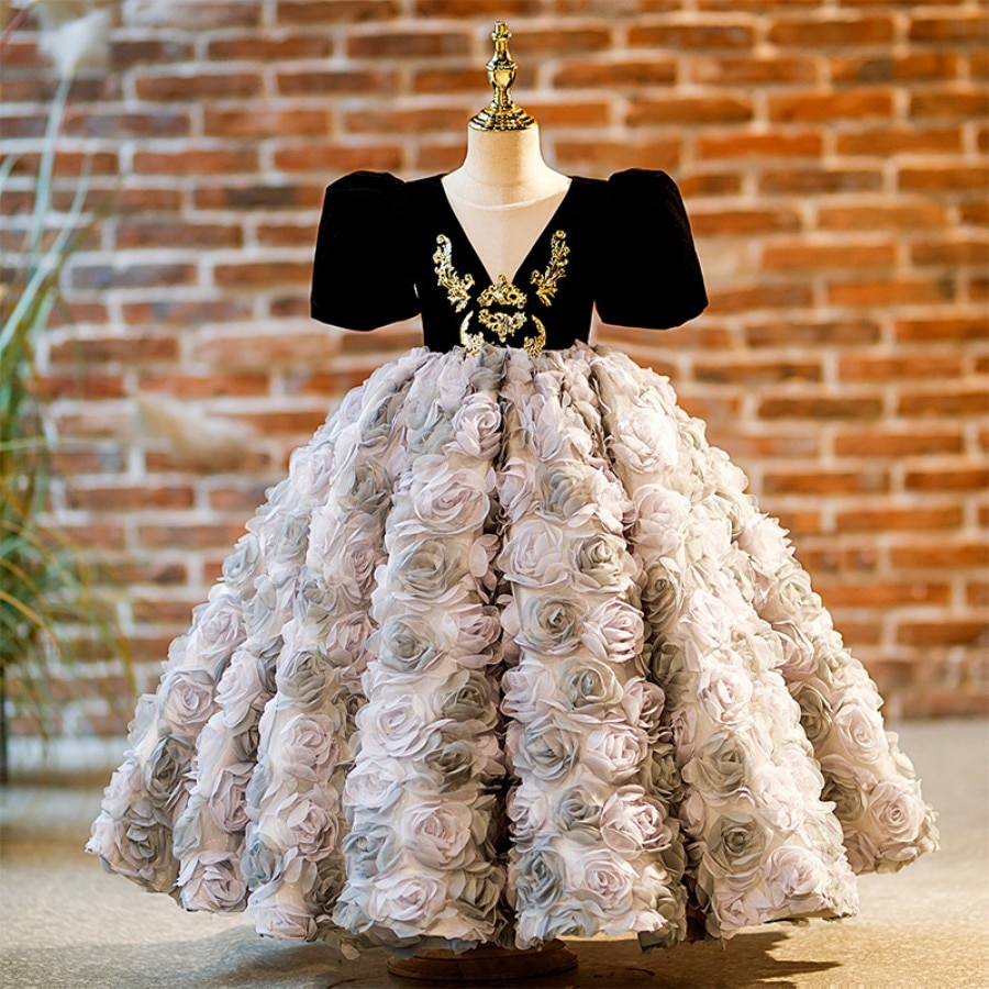 Luxury Princess Short Sleeve Appliques Rose Model Show And Red Carpet Dress 3 To 14 Years Teen Girls Evening Party And Prom Gown