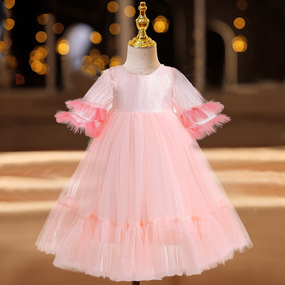 Pink Girls Wedding Party Tutu Dress Evening Formal Kids Clothes For Children Flower Birthday Ball Gown Pageant Show Vestidos