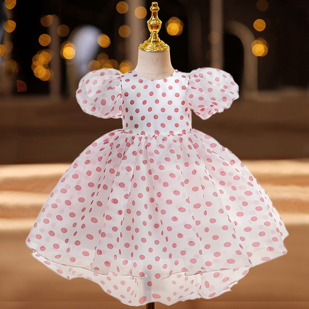 Fancy Kids Girls Dress Birthday Wedding Party Princess Clothes Ball Gown Elegant Pink Tulle Dots Costume Children Summer 4-7T