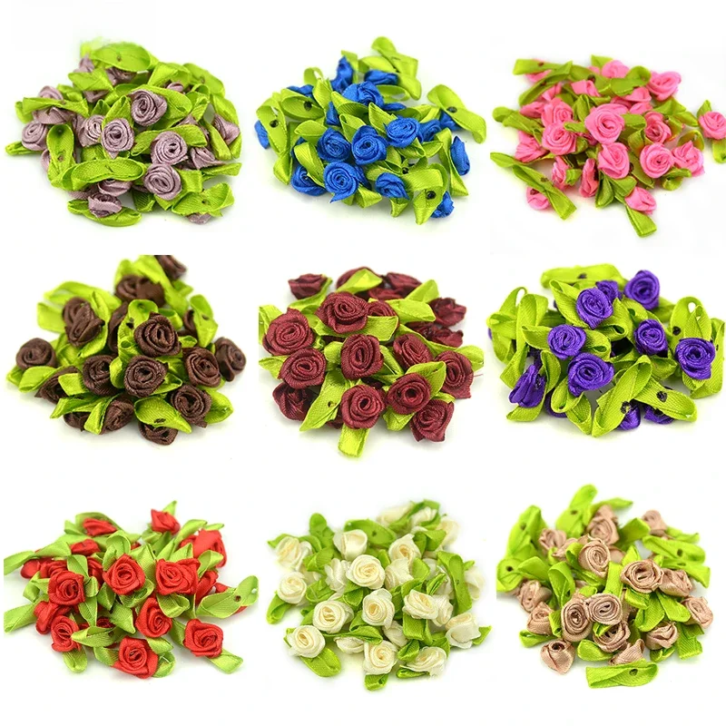 100PCS Artificial Mini Silk Rosettes Fabric Flowers Heads Making Handmade Satin Ribbon Roses DIY