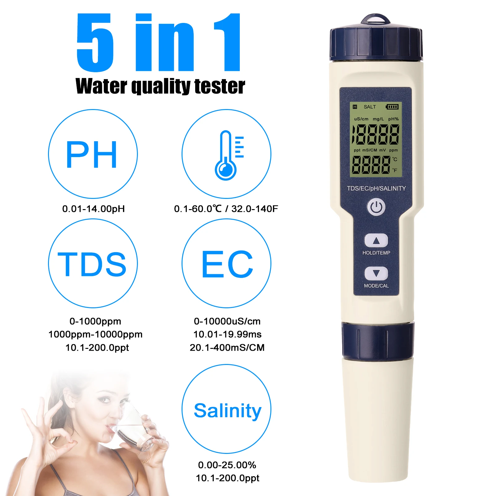 5 in 1 Digital Water Quality Detector PH/EC/TDS/Salinity/Temperature Testing Meter Multi-Function