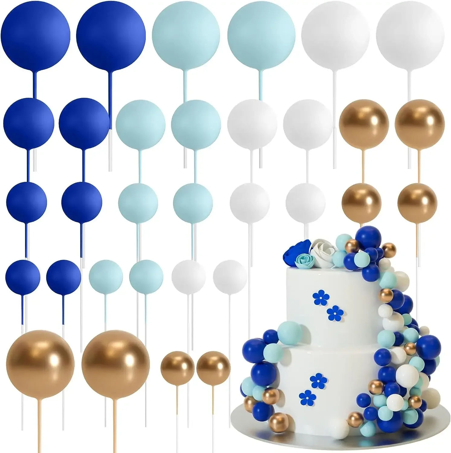 32Pcs Blue Gold Ball  Mini Balloons Foam Balls Cake Picks Cake Topper Balls for Wedding Party