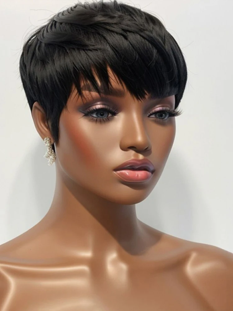 1B Pixie Short Cut Colored Straight Human Hair Wigs With Bangs Fringe Full Machine Made Wigs For